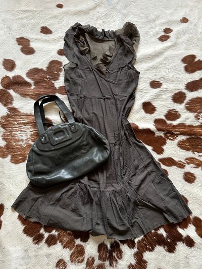 Cop Copine Brown Sleeveless Dress With Ruffle Neckline And Black Handbag